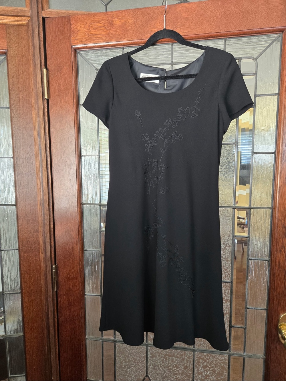 Women's Black Short-Sleeve A-Line Dress with Subtle Embroidery